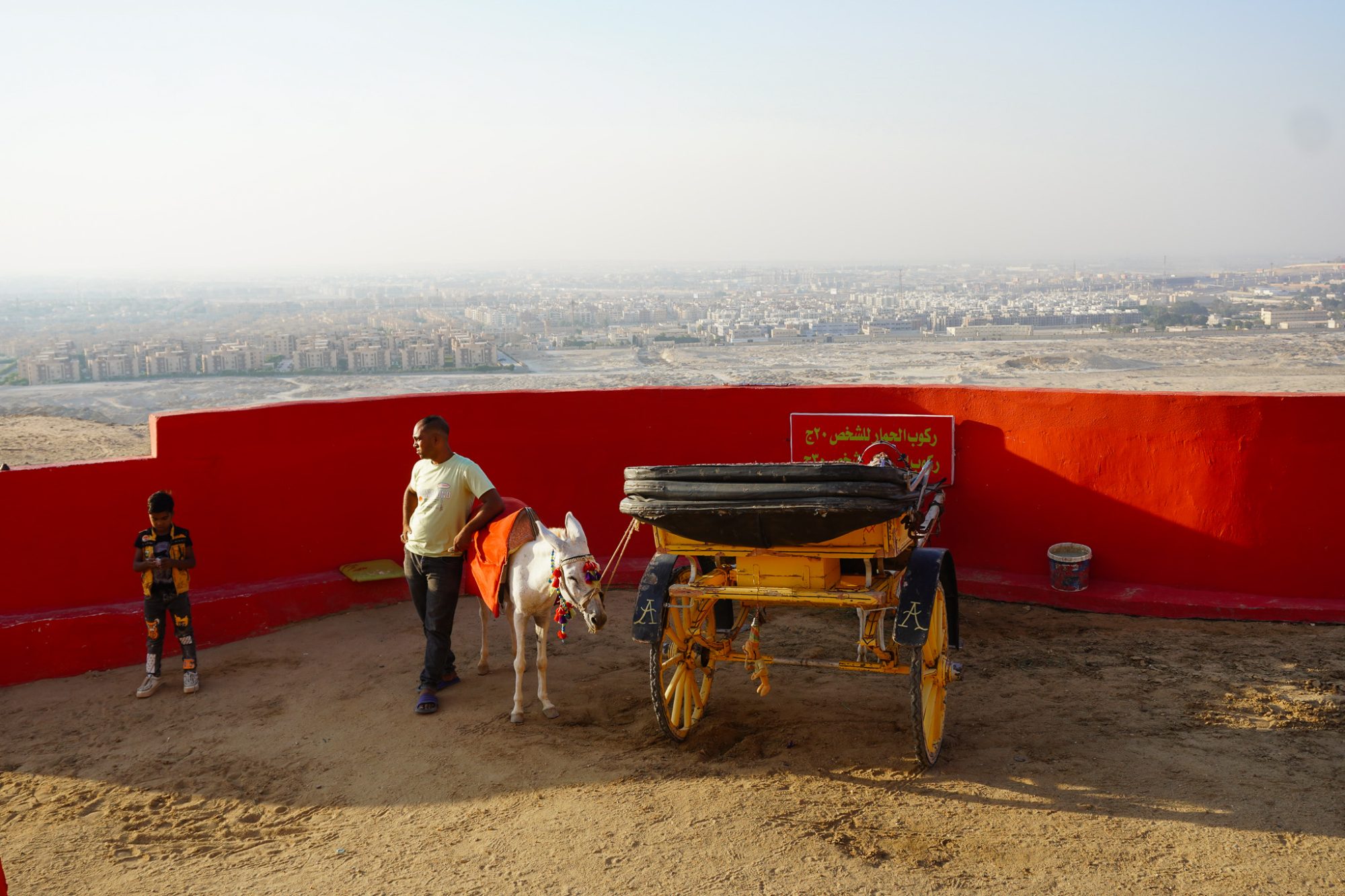 A man and a donkey cart against a red wall, the city in haze below